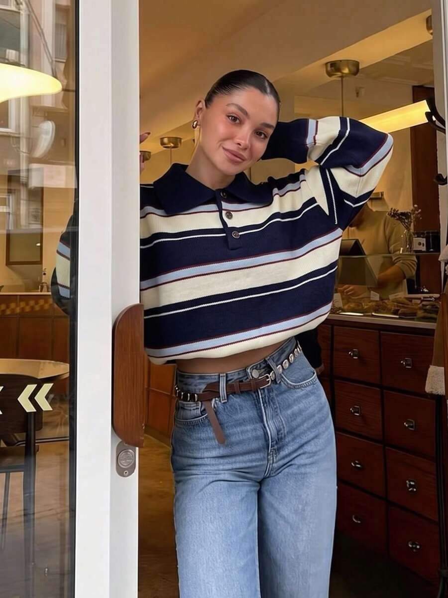 Striped Polo Knit Sweater, Long Sleeve Navy Blue Pullover, Ribbed Trim, Relaxed Fit, Casual Everyday Preppy Fall Winter Outfit For Women - Navy Blue - View 1