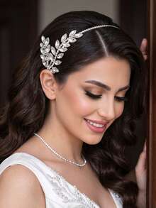 1 Pc Silver Leaf Rhinestone Headband Handmade Wedding Headpiece Sparkly Crystal Hair Hoop For Bride Wedding Evening Party Prom Photoshoot - Multicolor - View 5