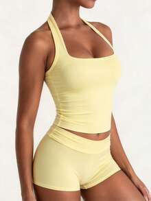 XLLAIS Sexy Backless Camisole, Fashionable Square Neck Elastic Casual Slim Fit Summer Tank Top, Yellow Holiday - Yellow - View 10