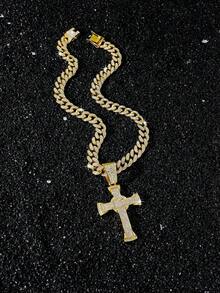 1pc Men's Full Rhinestone Cuban Chain Hip Hop Style Personalized Classic Cross Pendant Necklace - Cross - View 7