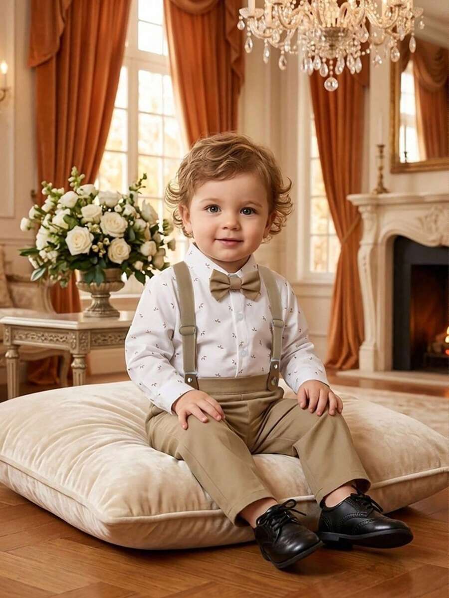Bộ quần áo lịch lãm 2 món cho bé trai, gồm áo sơ mi dài tay kèm nơ và quần yếm, thời trang và phù hợp cho tiệc sinh nhật, sự kiện trang trọng, đám cưới. - Màu Khaki - Xem 1