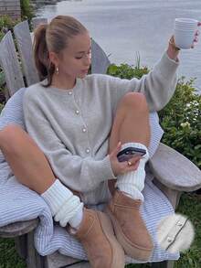 Women's Grey Knit Cardigan, Sweet & Spicy Style, Decorated With Pearl Buttons, Long Sleeve Casual Round Neck Sweater, Suitable For Spring Wear, Ribbed Knit Detail, Regular Length - Grey - View 1
