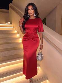 AIJ Women's Elegant Satin Round Neck Ruffle Sleeve Mermaid Long Dress, Front Waist Pleated Design, Red Long Mermaid Evening Gown, Suitable For Formal Dinner Party, Wedding Guest Dress - Red - View 7