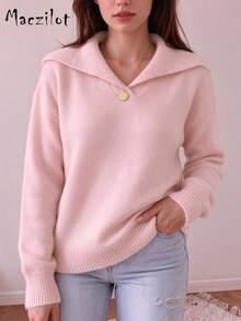 Plus Size Women's Plush Turn-Down Collar Knit Top, Loose Long Sleeve Pullover Sweater, Slim Fit Casual Commute Sweater For Autumn/Winter - Baby Pink - View 1