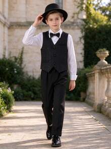 Young Boy 3-Piece Formal Suit Set, Young Boy Gentleman Outfit, Vest + Pants + Bow Tie, Suitable For School Performance, Wedding Ring Bearer, Banquet And Other Occasions - Black - View 11