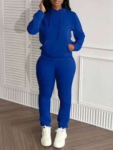 LovelyWholesale Women's Hooded Collar Long Sleeves Pocket Plain Casual Everyday Wear Top And Pants Set Spring Fall Clothing - Royal Blue - View 4