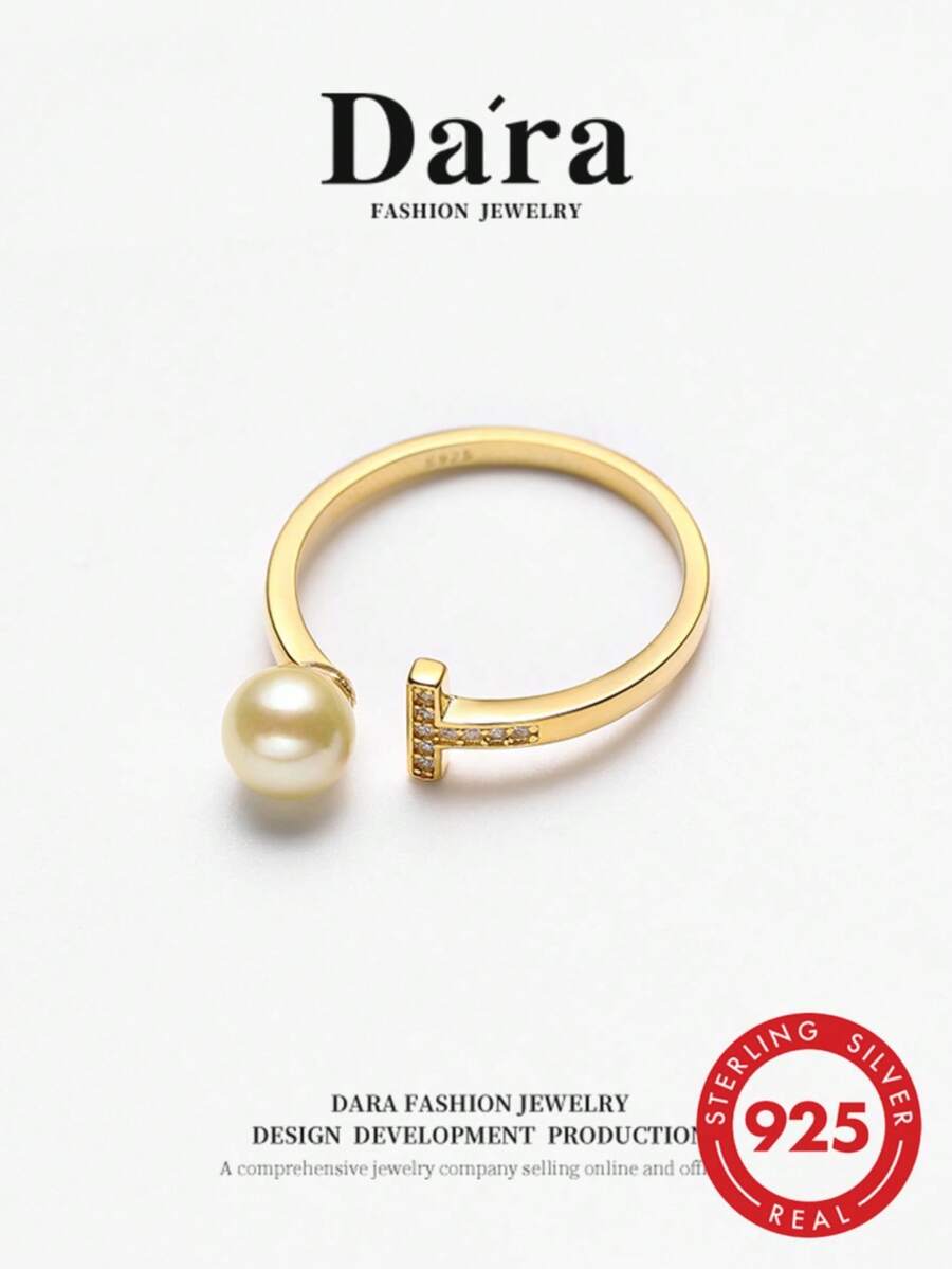 DARA Sea Gold Akoya Pearl Open Ring, S925 Silver 5-6mm High Luster, Luxury Gift Box Holiday Gift For Women - Gold - View 1