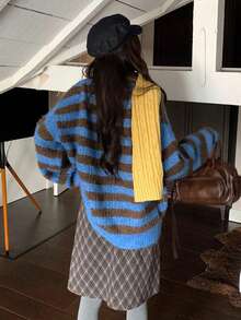 Korean Style Casual Round Neck Contrast Color Striped Drop Shoulder Long Sleeve Top Women Autumn Winter Loose Lazy Thick Knit Sweater - Blue and Brown - View 3