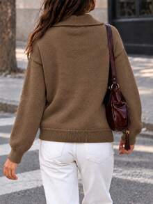 Solid Color Knit Button Cardigan Sweater, Casual Elegant Versatile Commuter Style, Suitable For Holiday, Office, Daily, Date, Travel, Tea Party, Country Music Concert, Airport Outfit, Autumn/Winter - Coffee Brown - View 3