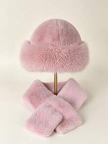 Winter Thickened Faux Fur Hat And Scarf 2-Piece Set For Women, Textured Ear-Flap Bucket Hat, Cross-Style Plush Neck Warmer Integrated Set - Multicolor - View 10