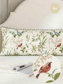 1pc Floral Bird Branch Leaf Green Pom Pom Decor Long Pillowcase - Soft Material Lightweight Breathable, Polyester Fabric, Green Pillowcase Suitable For Bedroom Sofa - Decorative Lumbar Cushion, Home Decor, Gift For Her, Suitable For All Year Round - Multicolor - View 3