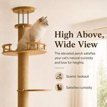 Floor‑To‑Ceiling Solid Wood Cat Tree Tower, Multi‑Level Platforms & Perches, Natural Sisal Scratching Post, Stable Height‑Adjustable Cat Activity Furniture For Indoor Cats - Beige - View 7