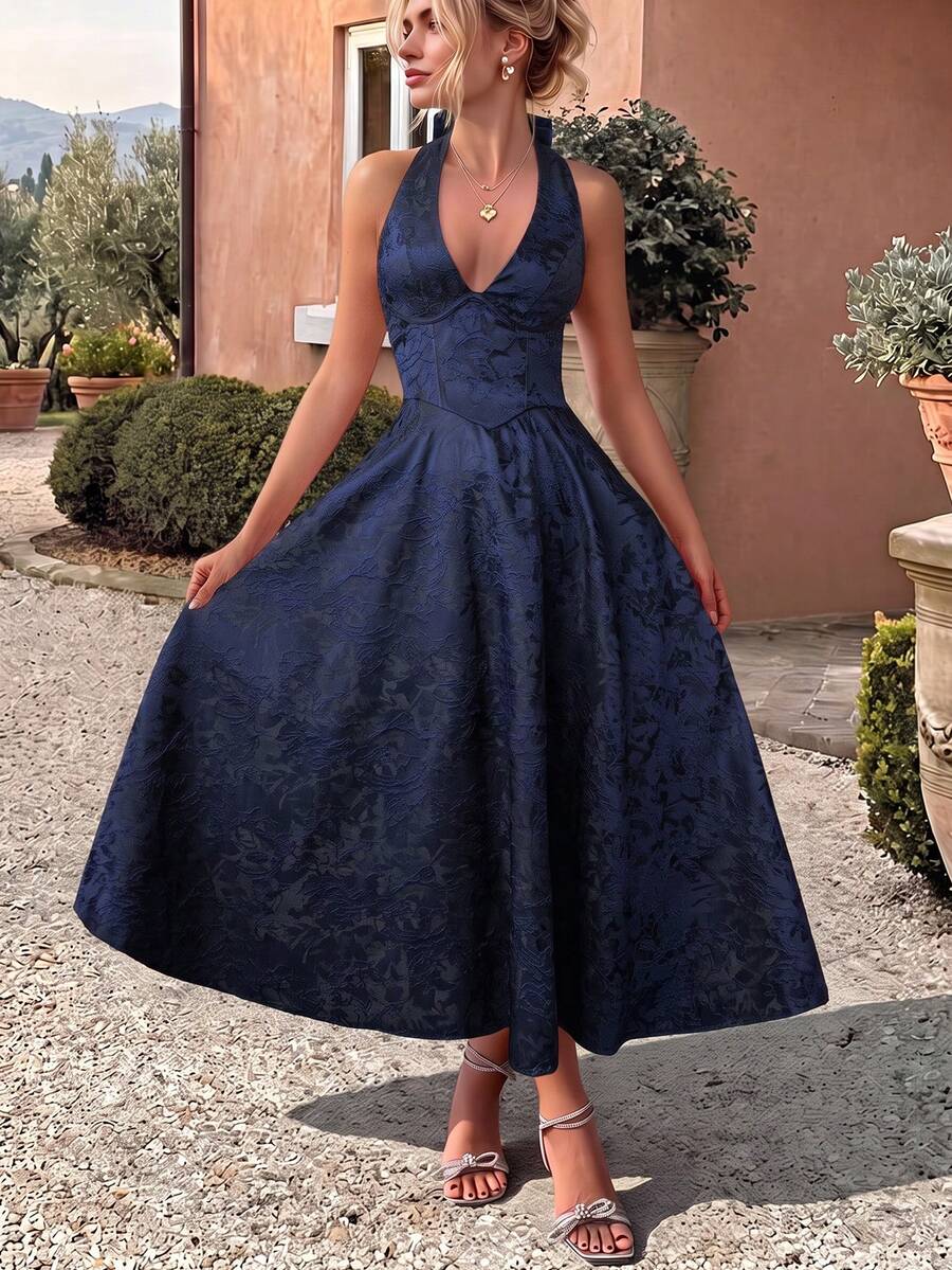 Unadoll Women's Autumn Deep Blue Floral Jacquard Halter Neck Midi Dress, Deep V-Neck Tie Back Open Back A-Line Elegant Party Summer