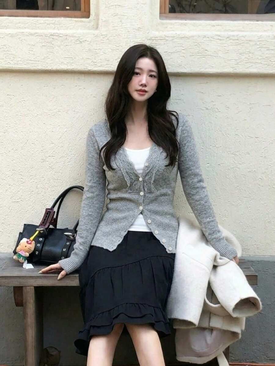 Scalloped Lace Trim Ribbed Knit Cardigan, V Neck Button Front, Long Sleeves, Fitted Grey Sweater Cardigan, Elegant Fall Layering Top - Grey - View 1