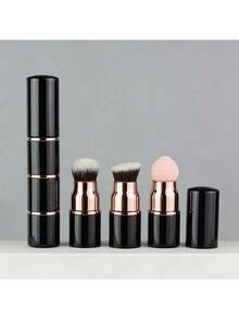 3-In-1 Premium Mini Portable Makeup Brush Set With Dust-Proof Cover, Detachable Foundation, Powder, And Blush Brushes, Customizable Combination, Includes Foundation Sponge Head, Angled Foundation Brush Head, Powder Brush Head, One Set Meets Daily Simple Makeup Needs, Convenient For Travel And Easy Storage, Soft Skin-Friendly Bionic Fiber Bristles, Thickened Aluminum Tube For Secure And Non-Deformable Bristle Attachment - Multicolor - View 1