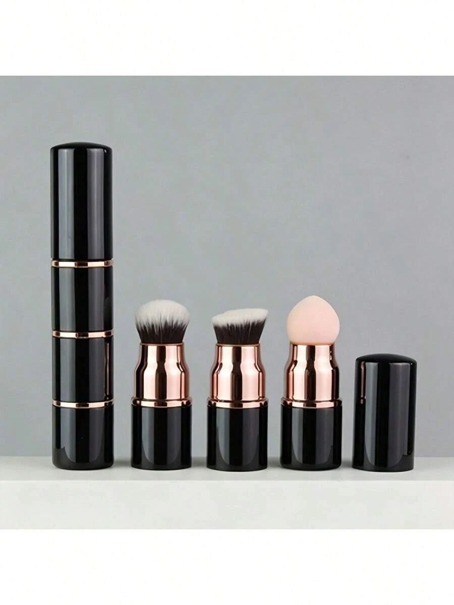 3-In-1 Premium Mini Portable Makeup Brush Set With Dust-Proof Cover, Detachable Foundation, Powder, And Blush Brushes, Customizable Combination, Includes Foundation Sponge Head, Angled Foundation Brush Head, Powder Brush Head, One Set Meets Daily Simple Makeup Needs, Convenient For Travel And Easy Storage, Soft Skin-Friendly Bionic Fiber Bristles, Thickened Aluminum Tube For Secure And Non-Deformable Bristle Attachment - Multicolor - View 1
