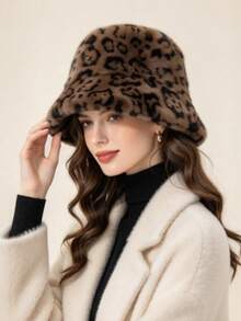 1pc Women's Fashion Leopard Print Versatile Plush Bucket Hat, Streetwear Travel Warm Cold-Proof Face-Slimming Bucket Hat - Bucket Hat - View 3