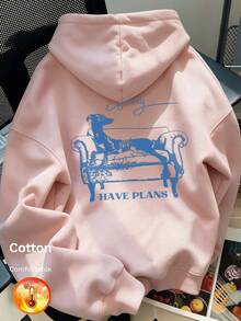 Autumn/Winter Women's Fleece Hoodie, Featuring A Dog Lying On A Sofa Graphic With "HAVE PLANS" Text, Y2K Style - Sand Red - View 2