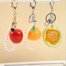 1pc Resin Apple Orange Keychain With Faux Pearl, Y2K Aesthetic Fruit Bag Charm For Purse Car Keys, Gift For Teens - Multicolor - View 7