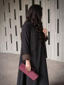 Hafizah Women's Black Striped Alaya-Double Breasted Button Detail Long Robe, Suitable For Conservative Fashion Wear Fall - Black - View 2