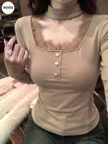法式黑色極簡性感蕾絲長袖T恤女款 春季高端內搭打底上衣 - 咖啡棕 - 查看 4