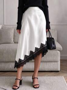 Women's Casual Inner/Outer Wear Solid Color High-Quality Satin Asymmetric Hem Lace Patchwork Mid-Length A-Line Skirt - White - View 3