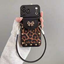 Leopard Print Bow Card Holder Compatible With Apple 17 Pro Max Phone Case Cover 14 Full Coverage 13 Litchi Texture 16 - Black - View 2