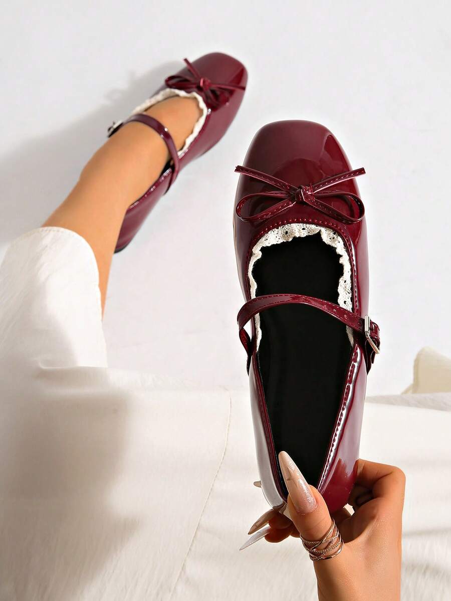 Women's New Buckle Slip-On Solid Color Classic Casual Outdoor Office Comfortable Flat Square Toe Mary Jane Sneakers - Red - View 1
