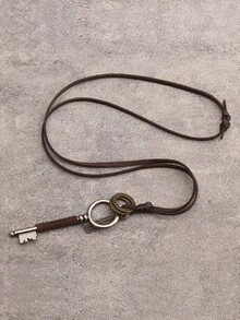 1pc Vintage Distressed Key Leather Necklace, English Letter Pendant Long Sweater Chain, Personalized Street Style Accessory, Halloween Christmas Party Gift, Unisex - Leather - View 1