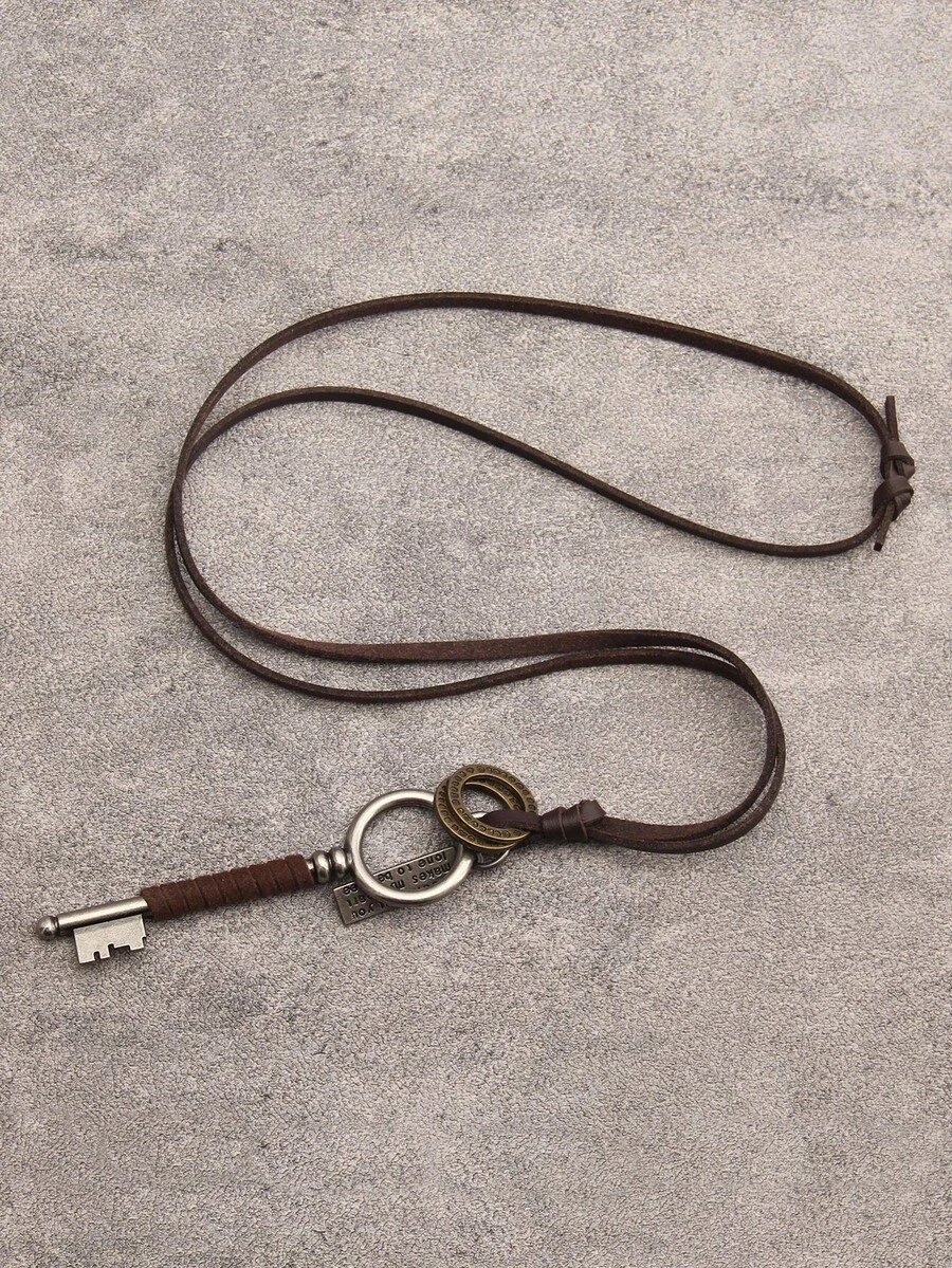1pc Vintage Distressed Key Leather Necklace, English Letter Pendant Long Sweater Chain, Personalized Street Style Accessory, Halloween Christmas Party Gift, Unisex - Leather - View 1