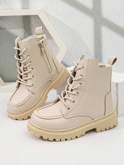 1 par de botas cortas para niños, PU suave + cordones delanteros, puntera redonda con suela gruesa antideslizante, diseño de cremallera interior, estilo vintage británico cargo, adecuado para niños y niñas estudiantes para uso diario en el campus y viajes