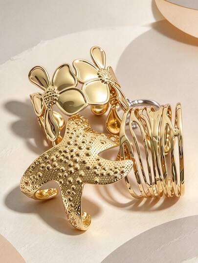1/3pcs Stackable Gold-Plated Stainless Steel Bangle Set, Fashion Wide Band Heart Flower Star Open Cuff Bracelet, Thick Adjustable Wrist Jewelry, Ocean Style Beach Outfit Accessory