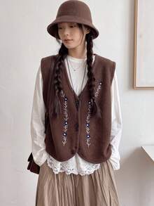 Alicedudu Women's Autumn Vintage Embroidered V-Neck Cardigan Sweater Vest Brown Fall - Brown - View 1