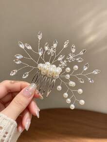 1pc Luxury Shiny Handmade Beaded Pearl Rhinestone Leaf Hair Comb, Silver Metal Hair Comb, Bridal Banquet Back Head Bun Hair Accessory - Multicolor - View 3