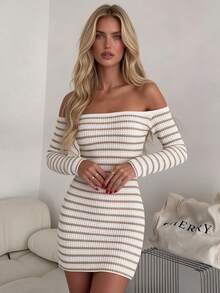 Women's Off-Shoulder Horizontal Striped Knit Bodycon Mini Dress, Minimalist Sexy Style Sexy Shoulder-Baring Dress - Apricot - View 3