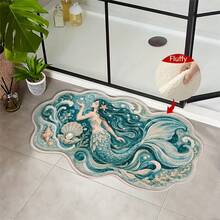 1pc Irregular Mermaid Waves Shell Seaweed Swirl Dreamy Ocean Design Microfiber Bath Rug,Non‑Slip Soft Bathroom Mat,Water‑Absorbent Doormat,Machine Washable,Low Pile,Knit Fabric,For Bedroom,Kitchen,Entryway,Indoor Use,Home Decor,Perfect New House Gift - A - View 2