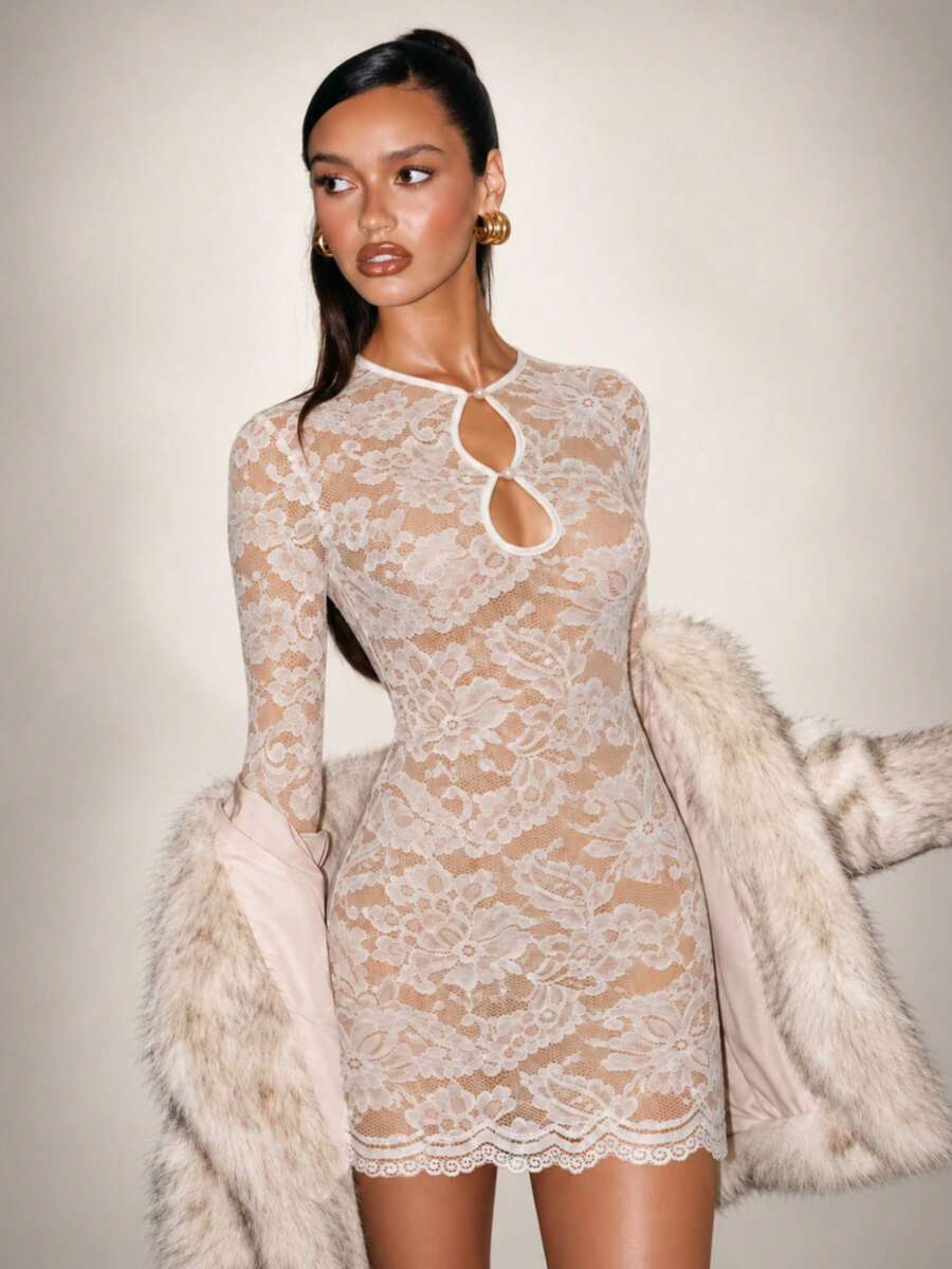 Women's Elegant Chinese Style White Lace Short Dress, Slim Fit Sexy Design, Hollow Out Detail, Long Flared Sleeves, Ruffle Hem, Suitable For Party Wear - White - View 1