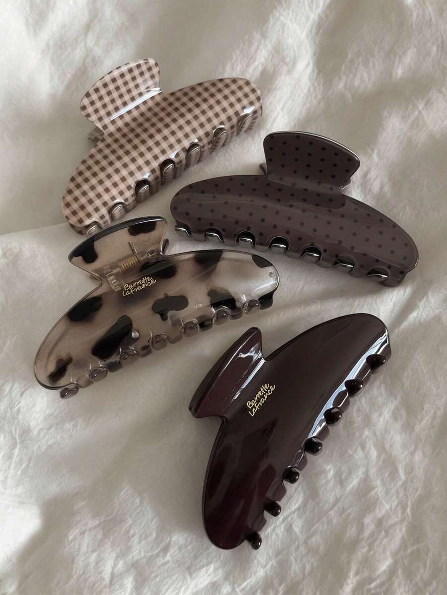 4件/1件裝 女款 10cm/3.94in 玳瑁紋波點棕色輕量塑膠髮夾,時尚百搭優雅極簡風,適合日常、休閒、派對、通勤、海灘、度假,適用馬尾、盤髮、洗臉、洗澡、化妝、穿搭,髮飾(字母標籤單面) - 彩色 - 查看 1