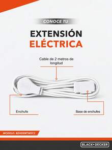 black & decker BLACK+DECKER Extensión Eléctrica 2m, 3 Contactos, 16 AWG, Blanca, Interior - 2 M - Ver 3