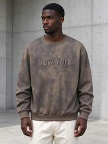 Men's Vintage Tie-Dye Crew Neck Sweatshirt New York Embossed Letter Loose Fit Long Sleeve Top - Brown - View 3