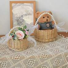 Handwoven Pearl Princess Flower Basket, Rattan Woven Storage Basket, Handheld Flower Basket, Handmade Flower Basket, Home & Wedding Decor - Multicolor - View 7