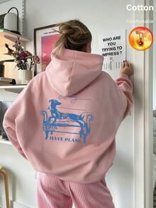 Autumn/Winter Women's Fleece Hoodie, Featuring A Dog Lying On A Sofa Graphic With "HAVE PLANS" Text, Y2K Style - Sand Red - View 1