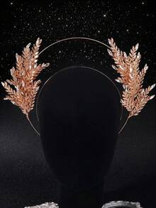 1pc Rhinestone Leaf Halo Crown Golden Goddess Headband Bridal Wedding Prom Hair Accessory - Gold - View 8