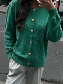 Áo cardigan len dệt kim màu xanh lá tay dài cài cúc cho nữ, phong cách vintage, món đồ mùa đông giữ ấm thiết yếu - màu xanh lá - Xem 5