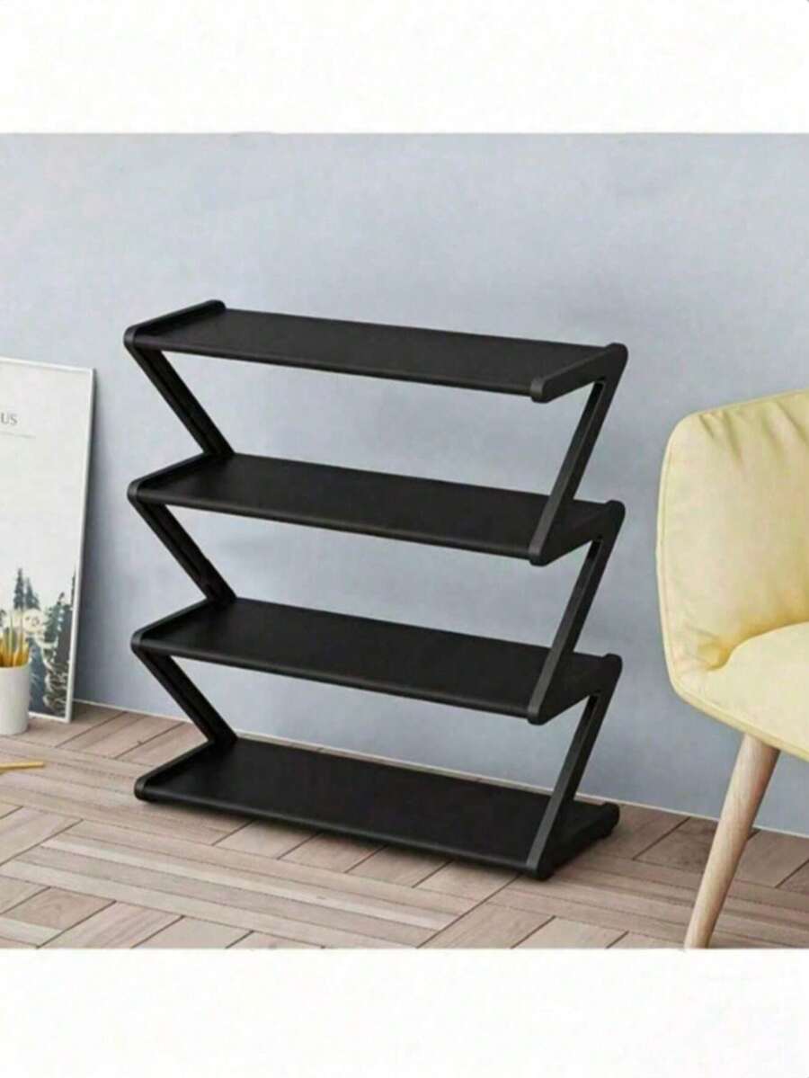 1pc 4-Tier Z-Shaped Shoe Rack, Plastic Side Frame With Thickened Non-Woven Fabric Shoe Layers, Tool-Free Assembly, Large Capacity Floor Storage Rack, Lightweight Stackable Space-Saving Shoe Cabinet, Suitable For Entryway, Bedroom, Dorm, Closet, Living Room Storage, Can Hold Sneakers, Slippers, High Heels, Children's Shoes, Multi-Functional Home Storage Rack - Black - View 1