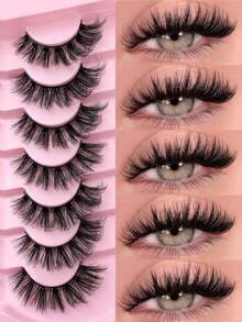 1 Set New 7 Pairs D Curl Russian Volume Natural Fluffy False Eyelashes, Classic Cat Eye Mink Fur False Eyelashes, Cross Fine Dramatic 5D Volume False Eyelashes, Soft Natural Makeup Look Eyelash Extensions For Makeup, Create Natural Makeup Look - Multicolor - View 2