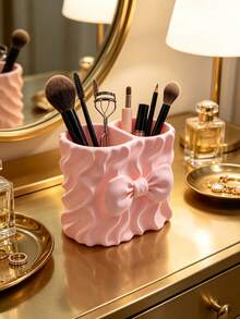 3D Printed Wavy Bow Makeup Brush Holder, 3D Wavy Texture With Full Bow Design, Dual Compartment Design, Can Separately Store Makeup Brushes And Lip Gloss, Sweet Pink Decor For Vanity - Multicolor - View 9