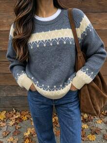 Plus Size Women's Color Block Round Neck Long Sleeve Casual Loose Sweater - Dark Grey - View 4