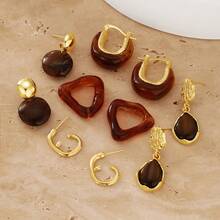 8pcs Vintage Hong Kong Style Amber Cat Eye Stone Earrings For Women, Luxury High-End Niche New Earrings (Random Pattern) - Gold - View 4