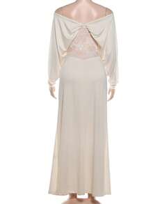 Kliou Elegant Lace Patchwork Dress Women Fashion Simple Ruched Slash Neck Batwing Sleeve Evening Party Club Long Bodycon - White - View 7